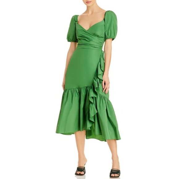 CINQ À SEPT 'Megan' Puff-Sleeve Ruffle-Trim Midi-Dress, Grass Green - Picture 1 of 4